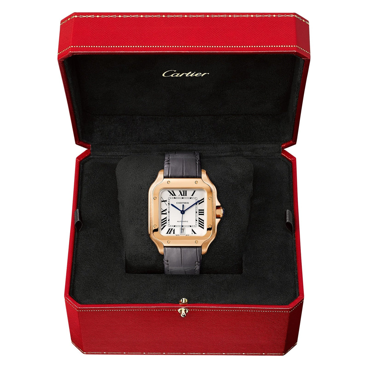 Santos de Cartier Large Model | 40mm, 18K Rose Gold, Alligator Leather, Silver Dial