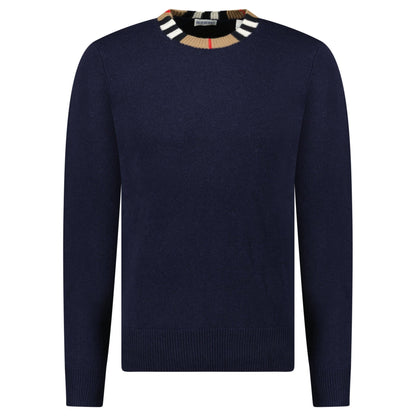 Burberry 'Noland' Knitted Wool/ Cashmere Jumper Check Neck Navy