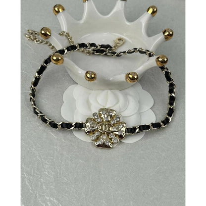 18K  Chanel Black Leather Flower Necklace