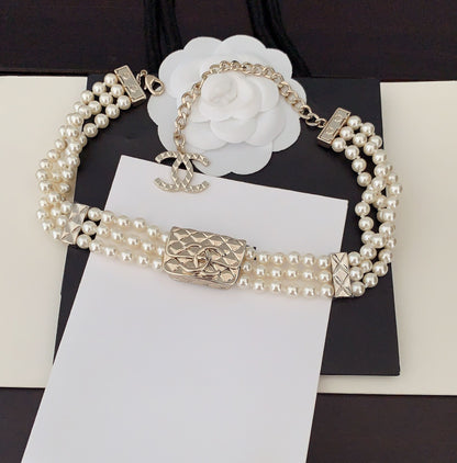 18K  Chanel Bag Pearls Chain Necklace