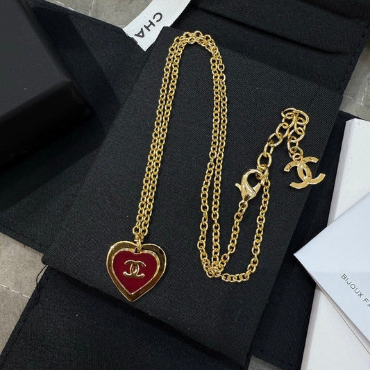 18K  Chanel Black & Red Heart Gold Necklace