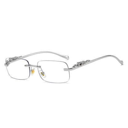 IL - Vintage Gold Metal Leopard Sunglasses with Rimless Rectangle Frame and Tinted Shades